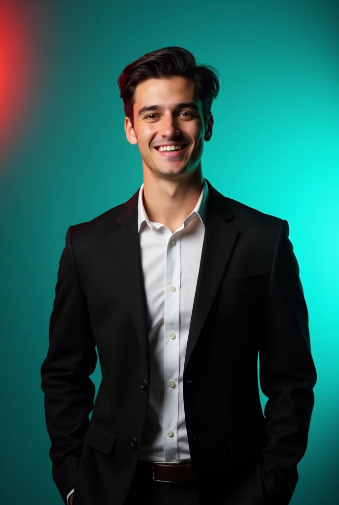 +
A young man with dark hair and a confident smile. He is dressed in a black blazer over a white shirt. The man is positioned against aqua colour backdrop with a subtle red lighting on the left side. and he posing for Linkedin profile