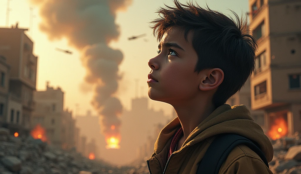 2024; (masterpiece, best quality) destroyed city (Rabat)1sad boy looking up(close-up); bombs falling from the sky.; fire around; big explosions.
