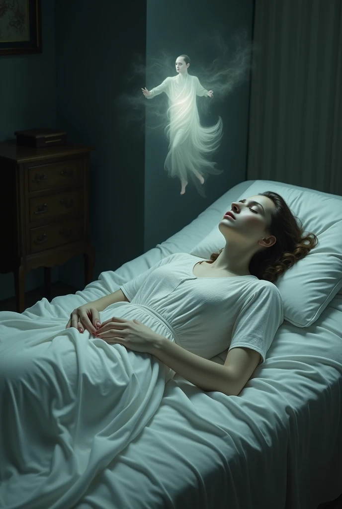 A full female dead body inside the room with covered by the white clothes but face is visible and its soul is visible outside the body