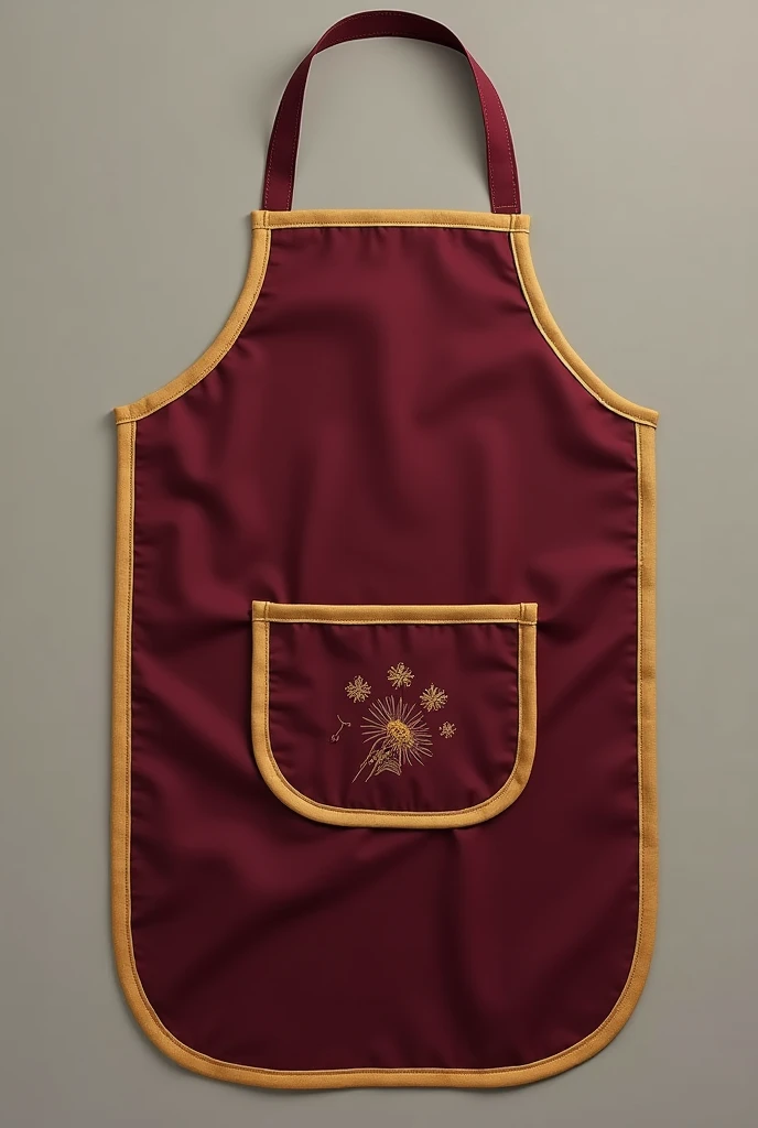 A maroon double sided apron with a golden lining round it and a pocket at lower part with crayon picture illustration