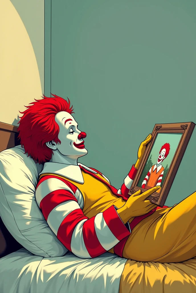 the image shows Ronald McDonald lying on a bed holding and looking at a painting. Angle of the side image. comic book image style








