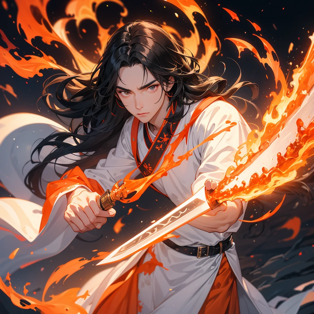 A Handsome black-hair male holding a large sword in white hanfu dress, Background is a volcano, lava erupting orange-red, close up.