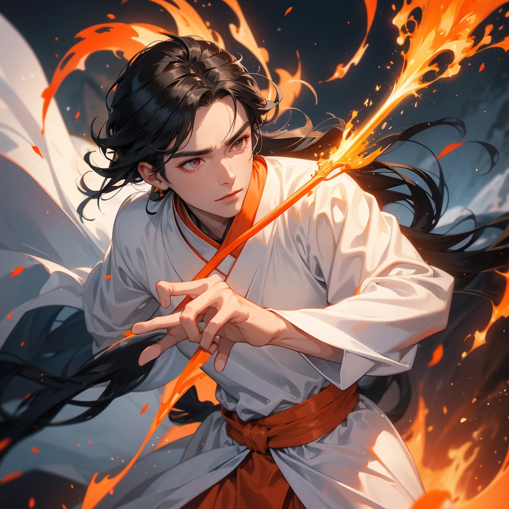 A Handsome black-hair male holding a large sword in white hanfu dress, Background is a volcano, lava erupting orange-red, close up.