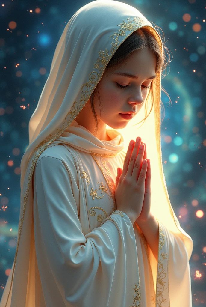 (masterpiece, top quality, Best quality, official art, beautiful and aesthetically pleasing:1.2), (1 girl), extremely detailed, (fractal art:1.3), colorful, as detailed as possible, perfect face, upper body, HDR, (pray:1.3), (white cloak with gold lines:1.2), galaxy, (light stripes), vivid visual effects, (dynamic stripes, Luminous Trails:1.2), bright colors,
