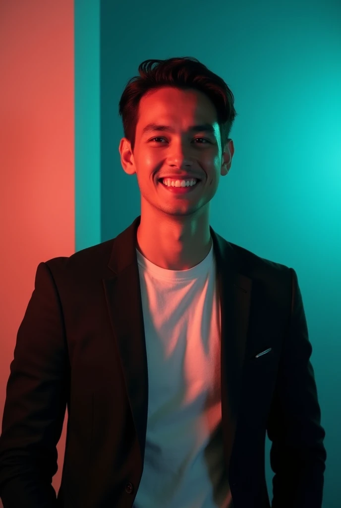 +
A young man with dark hair and a confident smile. He is dressed in a black blazer over a white shirt. The man is positioned against aqua colour backdrop with a subtle red lighting on the left side. and he posing for Linkedin profile