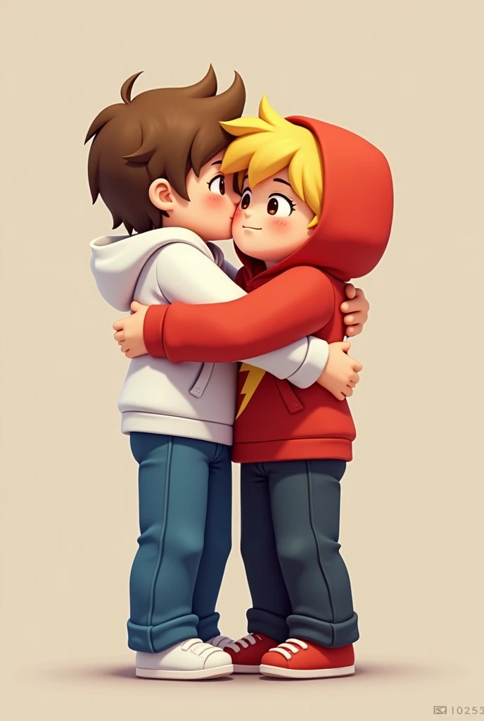 Create a detailed image of two Minecraft-style characters hugging. The first character has light brown hair, wears a white hoodie, and blue jeans. The second character has blonde hair, wears a red hoodie with a yellow lightning bolt on the front, and dark pants. They should be standing in a simple, neutral background with their arms around each other, showing a warm and friendly embrace." os dois sao homens e é um abraço de lado para frente da camera os dois