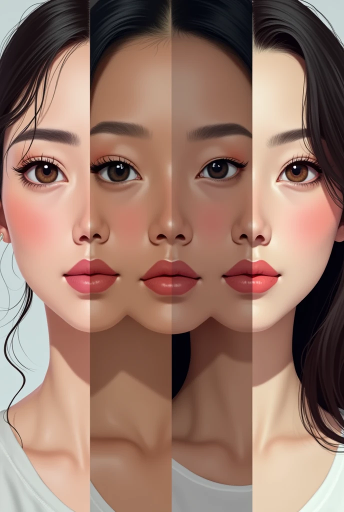 Draw the difference face between: an Indonesian women, a western women, a Chinese women, a Russian women!