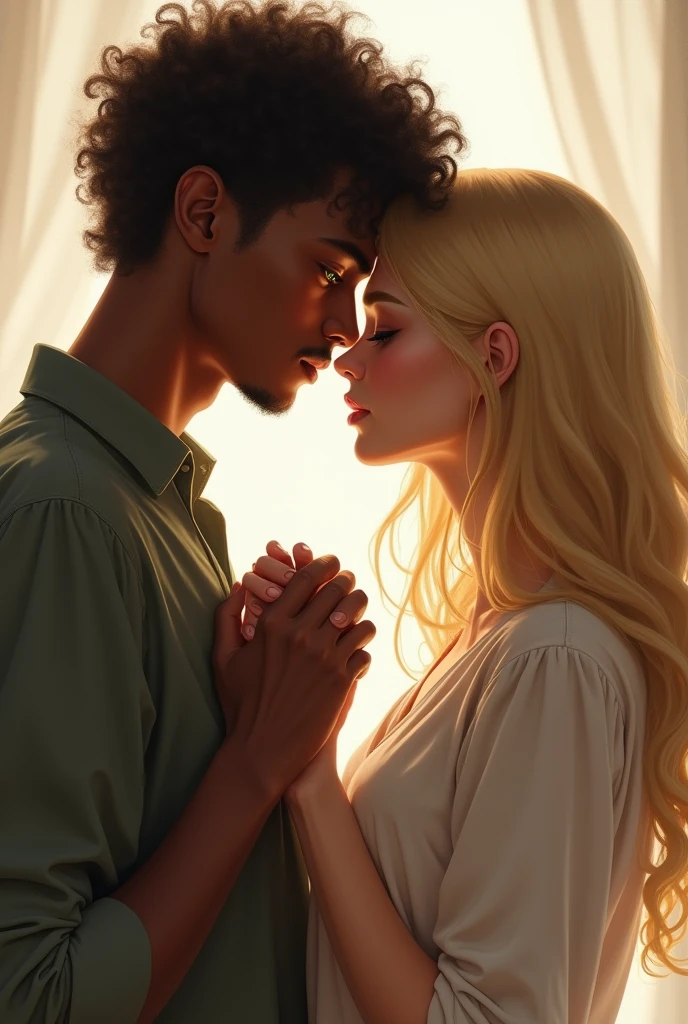 A mixed race man with short curly black hair, he has green eyes. Il tien la main de Rebekah Milkaeson qui a les cheveux blond.