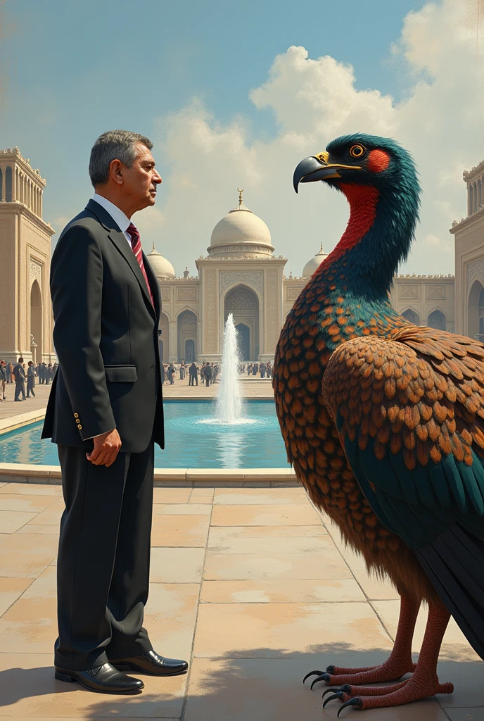 Shavkat Mirziyoyev, the president of the Republic of Uzbekistan, looking at Huma bird in the independence square