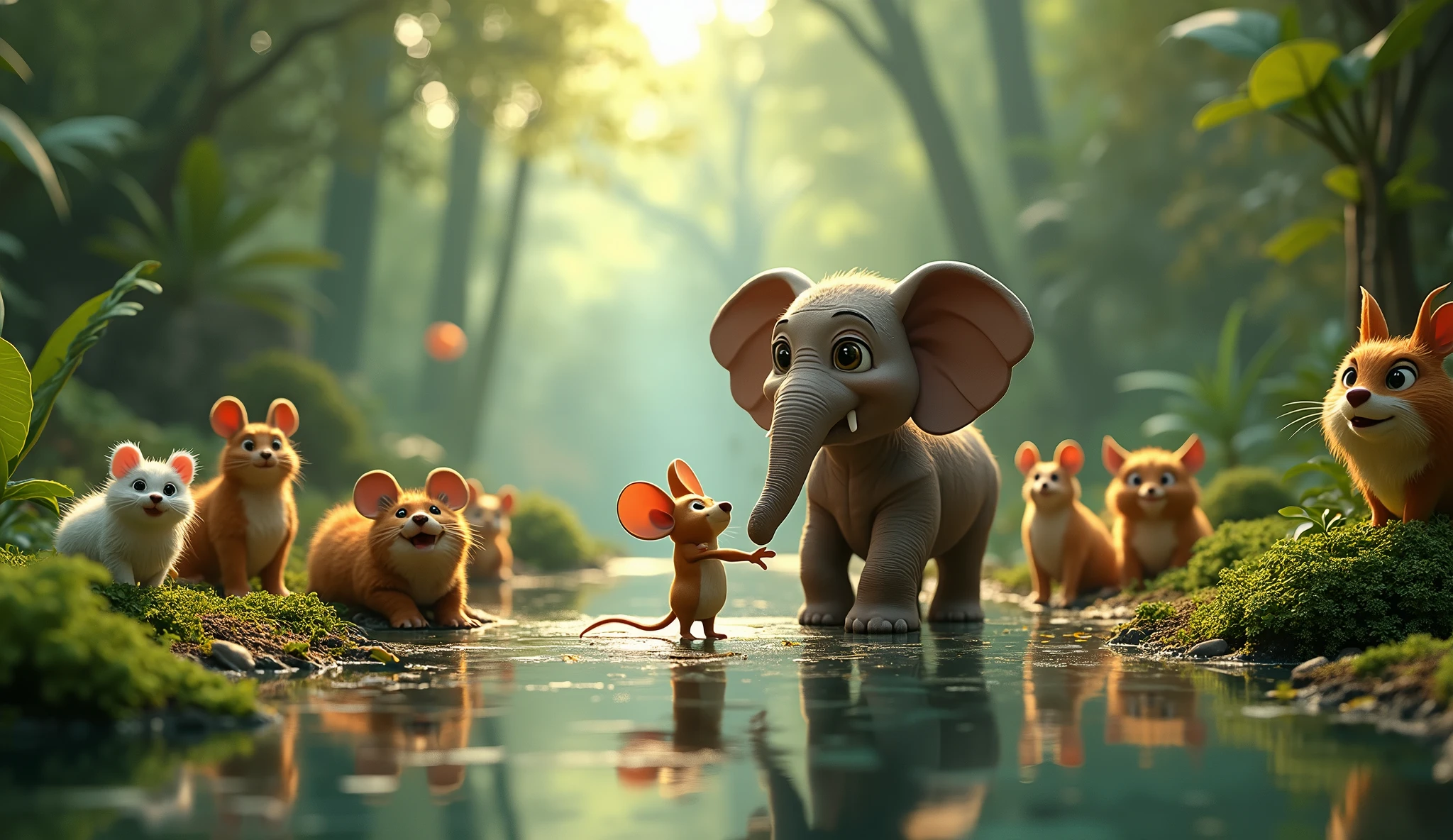 In 3d style "A scene with all the animals , with mouse Chiku and big elephant Mohan being honored and thanked for their efforts to restoration of jungle after the storm"