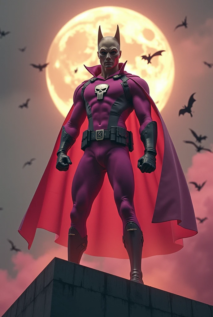 Malaysia man in high-tech suit, vivid effects, malaysian superhero(( (KELUANG MAN)) in a striking pink and brown beige costume cyberpunk design((, mask small mini bat ear beige,))(( daredevil beige batman mask beige))jumpsuit dark pink stands confidently in a dramatic.jumping from high place.hero costume.one hand rise up. (Small punisher in triangle shape on chest.). jumping from hight place. Fighting pose , stormy landscape. ((Head covered node guard like batman.)) Running pose , athletic body type, small mini ear bat mask))The character wears domino mask a helmet with pointed mini torn ears and a flowing cape biege, open nose and mouth. Equipped with visible futuristic weapons on a belt,bullet proof jacket pink dark day.show fingers pose, dark night, big supermoon effect . Small logo on chest triangle shape small ((mitch gerads punisher ))logo center triangle cyber logo center on chest pink logo mini logo Casey Jones mask on the logo on chest. )). rocky. Building top.smoke ground , bomb effect background((, losse pants, losses costume.))adding to --ar 3:4 --style raw --stylize 500 --v 6.1. chaos. Lot of small flying bat. Hand glove. One leg on the high stone. Man. Backpack . Real man age 40 year old. One hand holding belt. Jump from high place. Open cape.two hand holding pistol