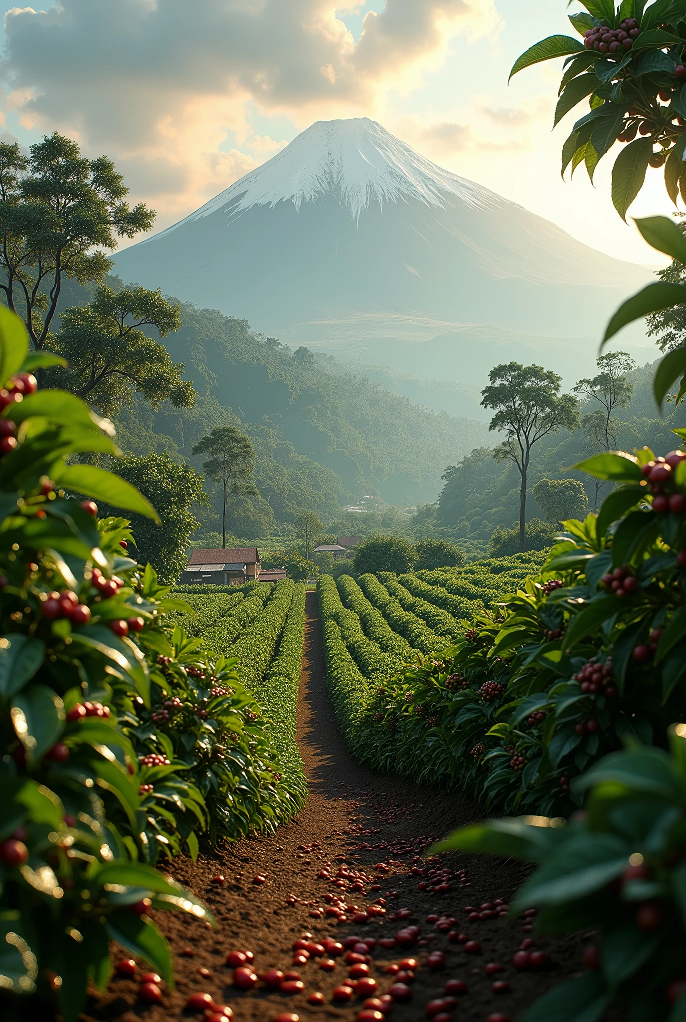 (best quality,4k,8k,highres,masterpiece:1.2),ultra-detailed,realistic,portraits,green,beautiful,coffee plantations,red coffee berries,rich soil,dew-covered leaves,morning sun,kilimanjaro backdrop,warm golden light,artistic,emerald,coffee bean fields,dense,abundant shade,cool breeze,harvest season,ripe cherries,fresh aroma,coffee lovers,ethereal,vibrant,serene,tranquil,peaceful,indulgent,caffeine,aromatic,fertile soil,coffee hamlet,quaint,farmers,proud,baristas,cultivation,hand-picked,brewing tradition,artisanal craftsmanship,coffee cup,fragrant steam,journey of flavors,caffeination,remote location,distant mountains,cascading waterfalls.