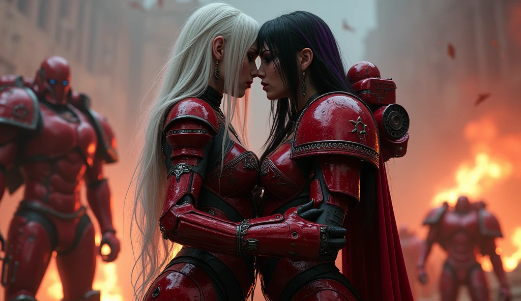 Full body pose sexy sisters of battle from the warhammer 40k, kissing and hugging, red space marine armor with intricate details, white space marine armor with intricate details, symbols on the armor, sisters of battle, warhammer 40k, Massive exposed silicone breast, pale skin, seductive, temptation, eat your soul, clevage, long white flowing hair, long black flowing hair with purple highlights, heavy gothic makeup, at night, neon, beautiful detailed eyes, beautiful detailed lips, extremely detailed eyes and face, long eyelashes, highly detailed space marine armor, intricate futuristic laser weaponry, dramatic lighting, cinematic composition, muted color palette, gritty and realistic, mecha, science fiction, hyper-detailed, photorealistic, award winning digital art, 8k, HDR, masters work, in the middle of a battle field, explosions and fire around, full war, stunning, Stilleto heels, high heels, full body pose, cinematic, movie trailer, nemesis, dust and debree, fanatic, religious, sisters of battle, warhammer 40k, bimbo gigantic exposed breast, kissing, stilleto heels, cinematic light, cameltoe pussy, beautiful pussy, wet pussy, wet body, oiled body, gigantic breast, dynamic super sexy dynamic pose, sisters of battle from the warhammer 40K, passionate kissing, seductive, one night stand, working as whores