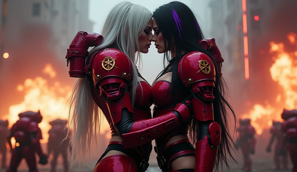 Full body pose sexy sisters of battle from the warhammer 40k, kissing and hugging, red space marine armor with intricate details, white space marine armor with intricate details, symbols on the armor, sisters of battle, warhammer 40k, Massive exposed silicone breast, pale skin, seductive, temptation, eat your soul, clevage, long white flowing hair, long black flowing hair with purple highlights, heavy gothic makeup, at night, neon, beautiful detailed eyes, beautiful detailed lips, extremely detailed eyes and face, long eyelashes, highly detailed space marine armor, intricate futuristic laser weaponry, dramatic lighting, cinematic composition, muted color palette, gritty and realistic, mecha, science fiction, hyper-detailed, photorealistic, award winning digital art, 8k, HDR, masters work, in the middle of a battle field, explosions and fire around, full war, stunning, Stilleto heels, high heels, full body pose, cinematic, movie trailer, nemesis, dust and debree, fanatic, religious, sisters of battle, warhammer 40k, bimbo gigantic exposed breast, kissing, stilleto heels, cinematic light, cameltoe pussy, beautiful pussy, wet pussy, wet body, oiled body, gigantic breast, dynamic super sexy dynamic pose, sisters of battle from the warhammer 40K, passionate kissing, seductive