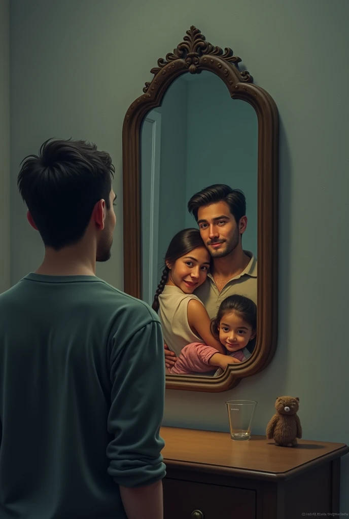 A man looking at himself in the mirror, and its reflection is a happy family