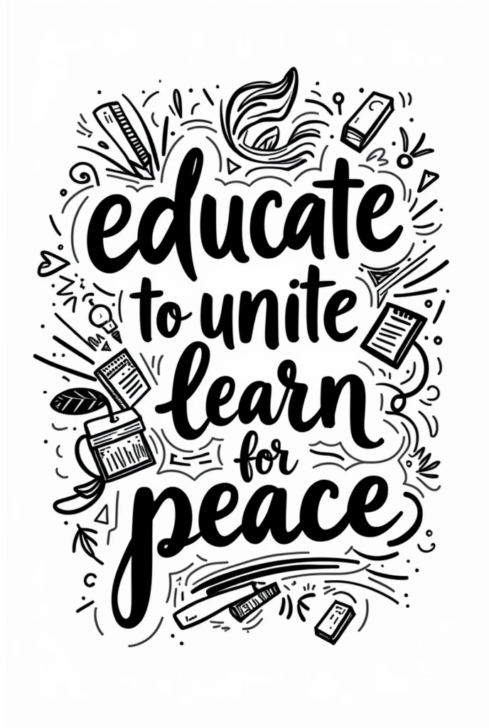 Educate to Unite, Learn for Peace slogan doodle drawing black and white only text with designs put a random related drawings
Make it a vector connected drawings super bigger drawings
