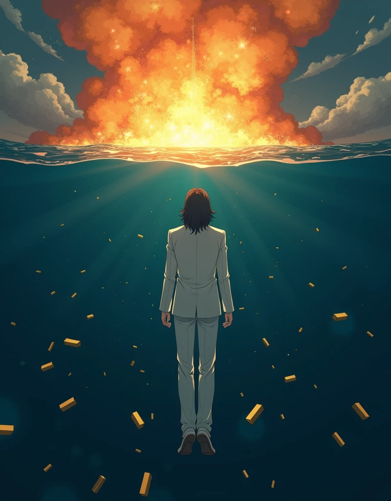 Create a anime style landscape image. Surreal digital artwork depicting horizontally floating a man in a white suit submerged underwater, floating in a dark, deep blue environment. The man has  dark long hair and light skin, and his body is oriented horizontally with his back facing the viewer. Above the water's surface, there is a dramatic, fiery explosion with bright orange and yellow hues, creating a stark contrast with the dark water below. Scattered around the man are several gold bars, adding an element of intrigue and symbolism to the scene. The overall composition is striking, with a strong contrast between the calm underwater setting and the chaotic explosion above.