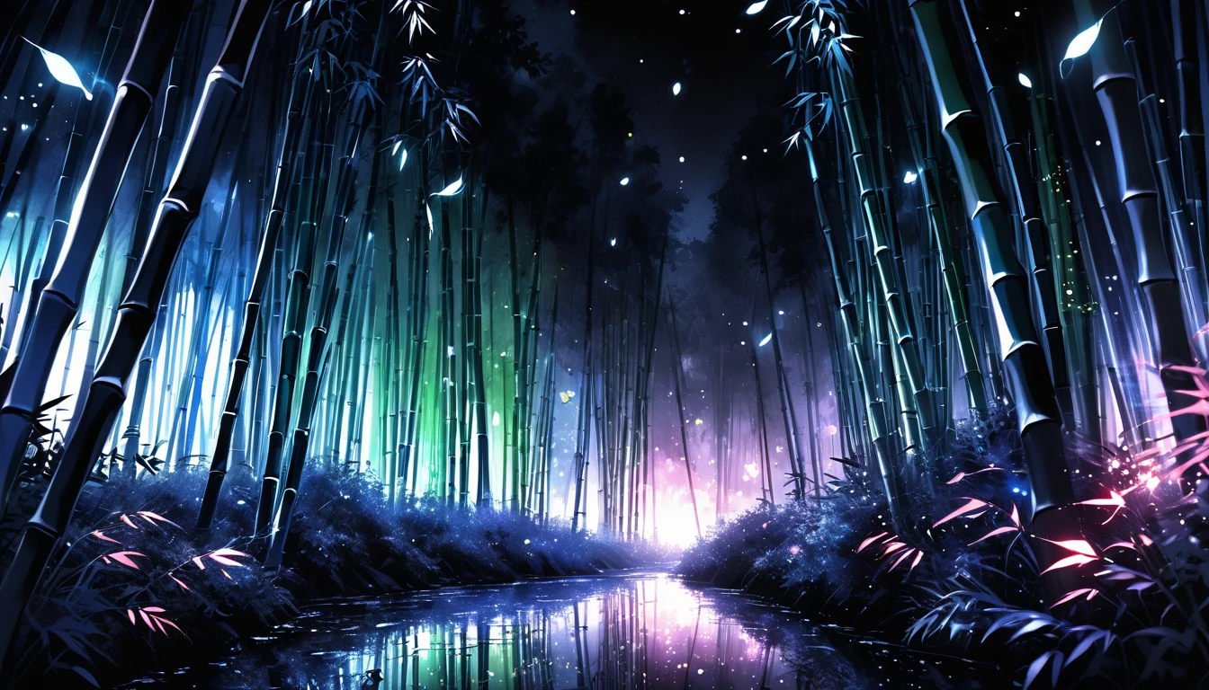 Bamboo forest in the dark night, Delicate and sharp, film production, Soft interior lighting, Many small fireflies flying, Holographic Flash, Vibrant colors, Fantastic rainbow reflection, Metallic luster, The balance between pitch-black darkness and shiny particles, Sharp and delicate, Watercolor style CG, High contrast, Perfectly tuned Octane rendering, Dramatic chiaroscuro, Antiretroviral therapy, Extreme aesthetics,