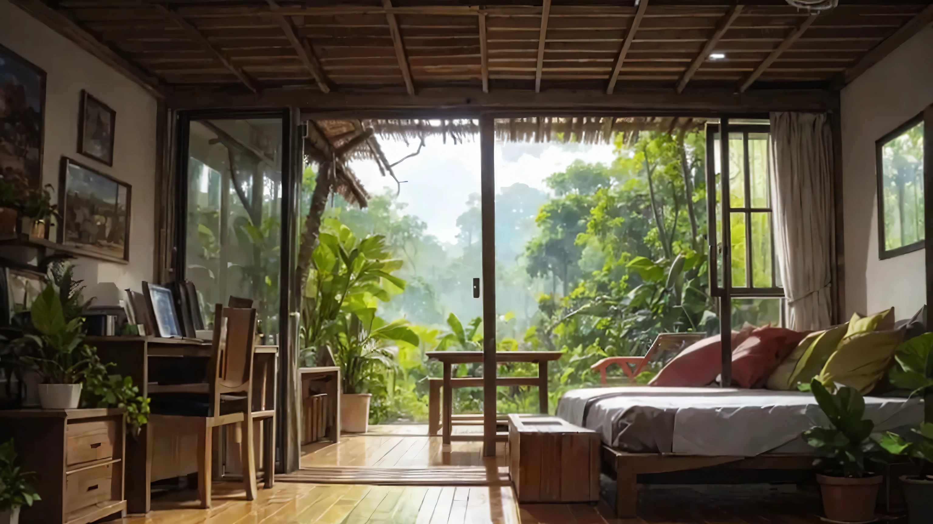 Jungle atmosphere, jungle trees on the right, jungle seen out the window