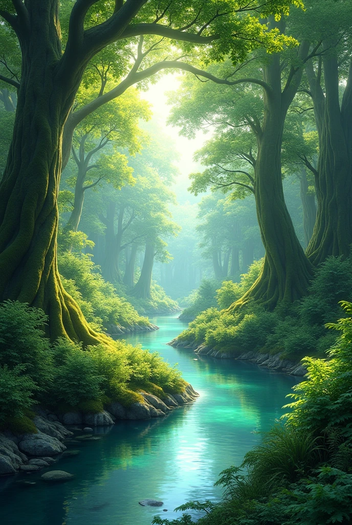 In a lush forest full of tall trees and crystal clear rivers