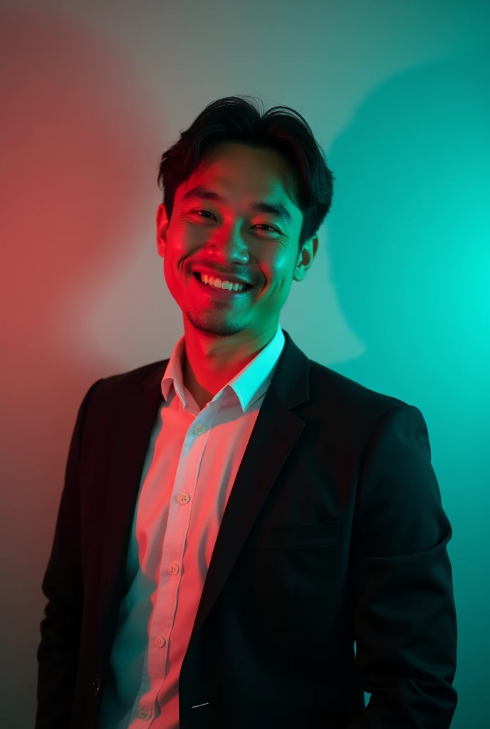 +
A young man with dark hair and a confident smile. He is dressed in a black blazer over a white shirt. The man is positioned against aqua colour backdrop with a subtle red lighting on the left side. and he posing for Linkedin profile