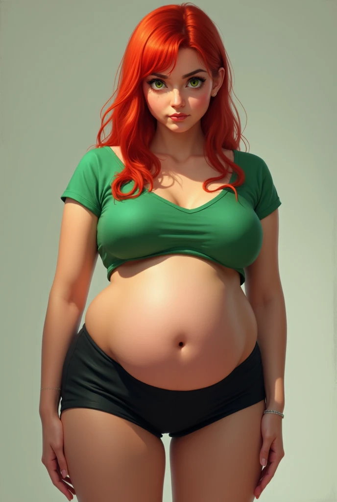 1 girl, Red hair, green top, black shorts, big fat hanging belly, green eyes, Confused face, big hips