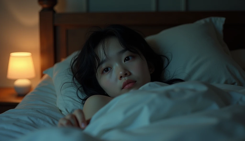 a beautiful sad asian girl woke up in a cozy dark bedroom