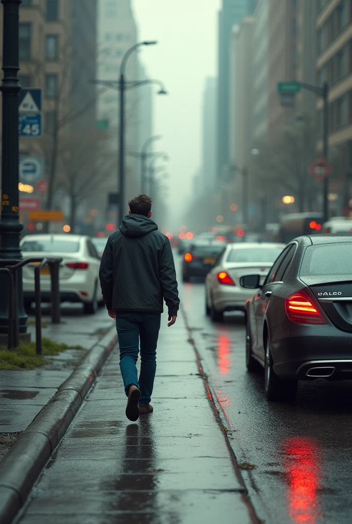Create an image of a person walking on the street with cars waiting. The image has to represent the risk of traffic.
 
