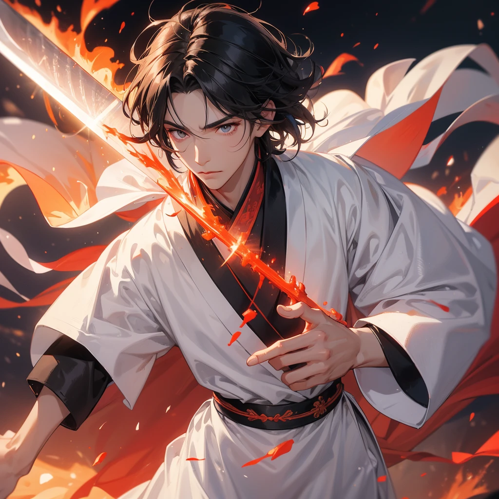 A Handsome black-hair male holding a large sword in white hanfu dress, Background is a volcano, lava erupting red, close up.