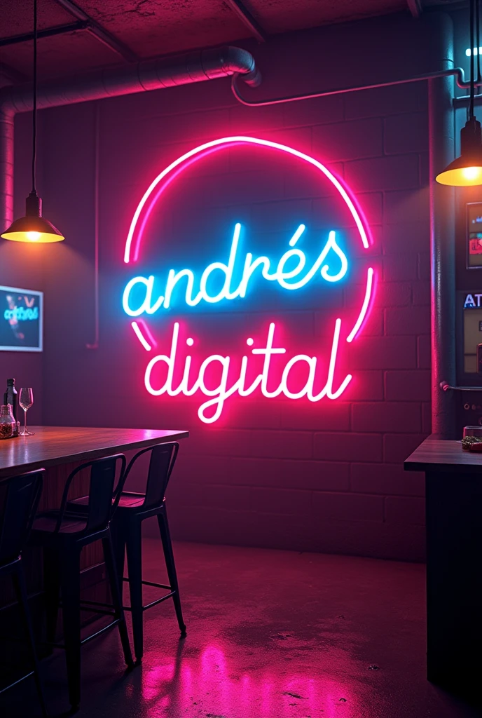A realistic neon sign that says Andrés Digital', illuminated with bright white neon lights. It's isolated inside a venue in a city, with a gritty, neon-soaked, cyberpunk-style atmosphere. The scene emulates the intense glow and vibrancy of real neon lights, using advanced digital techniques to create immersive depth and vibrant glow.