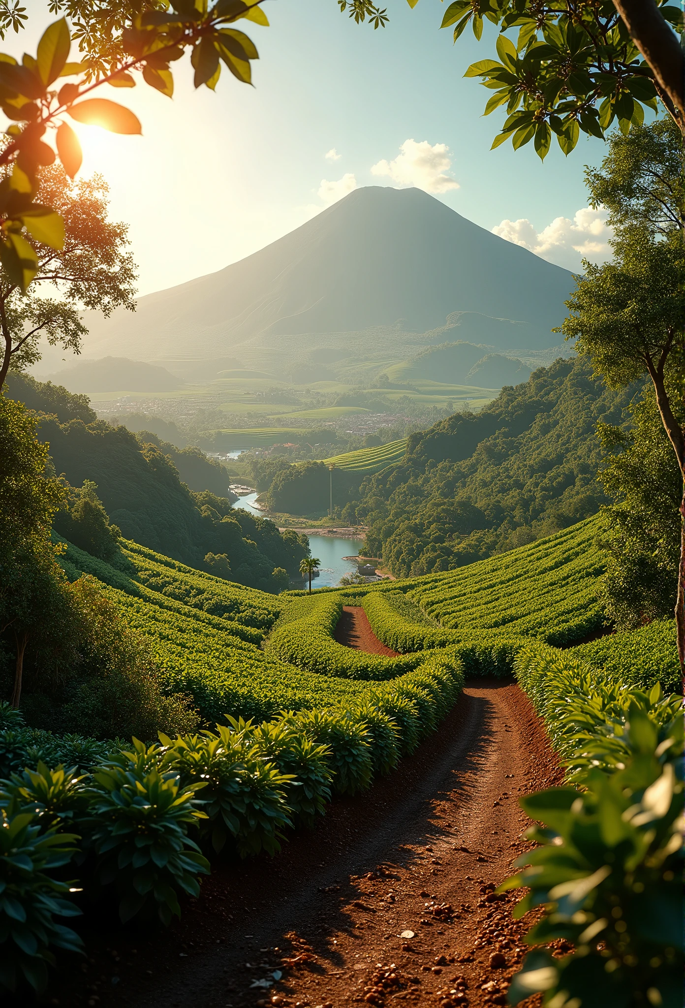 (best quality,4k,8k,highres,masterpiece:1.2),ultra-detailed,realistic,portraits,green,beautiful,coffee plantations,red coffee berries,rich soil,dew-covered leaves,morning sun,kilimanjaro backdrop,warm golden light,artistic,emerald,coffee bean fields,dense,abundant shade,cool breeze,harvest season,ripe cherries,fresh aroma,coffee lovers,ethereal,vibrant,serene,tranquil,peaceful,indulgent,caffeine,aromatic,fertile soil,coffee hamlet,quaint,farmers,proud,baristas,cultivation,hand-picked,brewing tradition,artisanal craftsmanship,coffee cup,fragrant steam,journey of flavors,caffeination,remote location,distant mountains,cascading waterfalls,Ripe coffee beans in a cinematic style with a panoramic perspective during the coffee harvest. --ar 2:3 --raw style