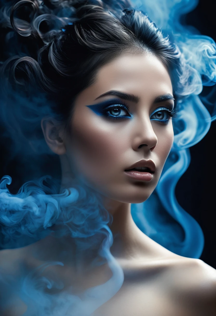 A majestic work of art, a woman, intricately detailed, with an intense, piercing gaze emanating from her singular, striking eye, set against a backdrop of ethereal, swirling blue smoke that appears to shift and undulate as if alive, illuminated by a cinematic lighting scheme that casts dramatic, high-contrast shadows and highlights, evoking a sense of mystery and the otherworldly, with each element expertly rendered in exquisite, high-definition detail, exuding a sense of artistic mastery and visual sophistication.