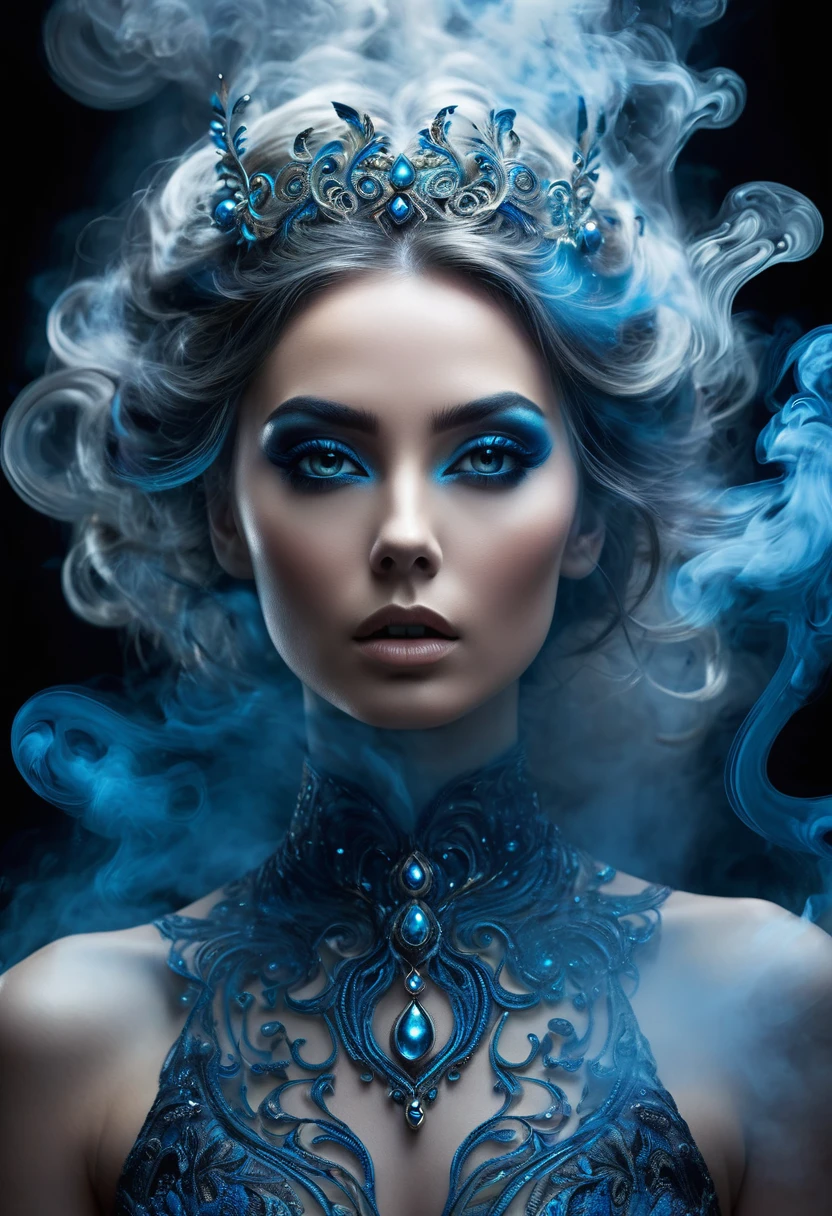 A majestic work of art, a woman, intricately detailed, with an intense, piercing gaze emanating from her singular, striking eye, set against a backdrop of ethereal, swirling blue smoke that appears to shift and undulate as if alive, illuminated by a cinematic lighting scheme that casts dramatic, high-contrast shadows and highlights, evoking a sense of mystery and the otherworldly, with each element expertly rendered in exquisite, high-definition detail, exuding a sense of artistic mastery and visual sophistication.
