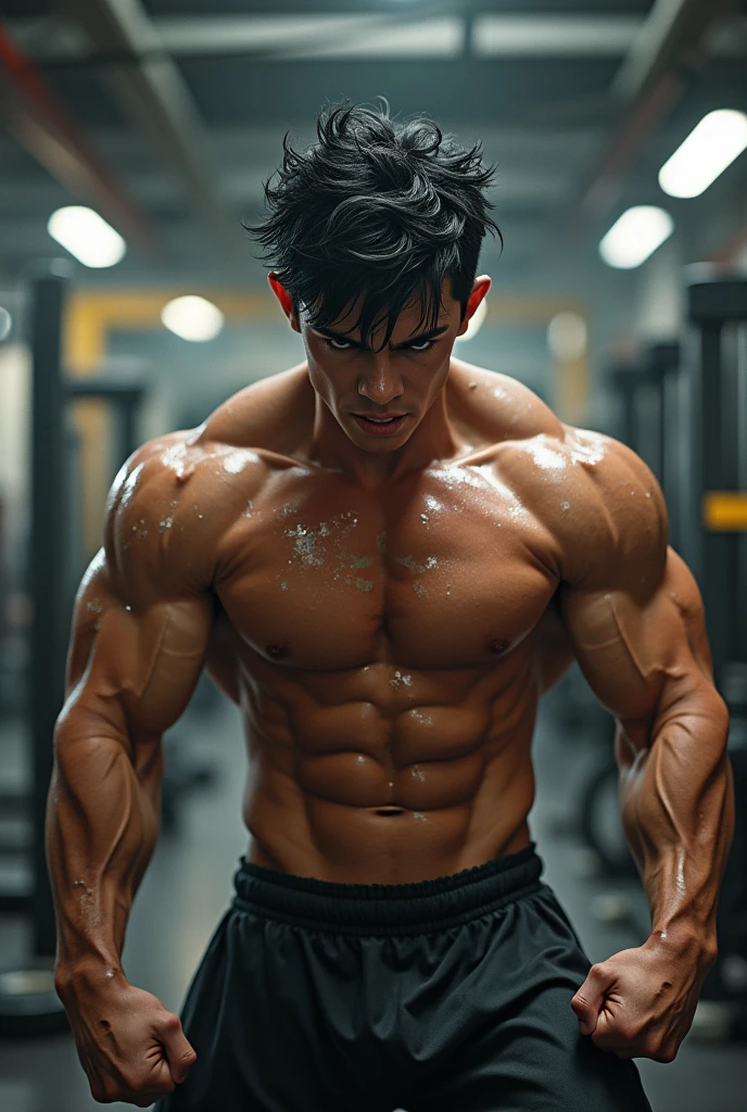 Strong boy training happily , in gym , black hair angry face 