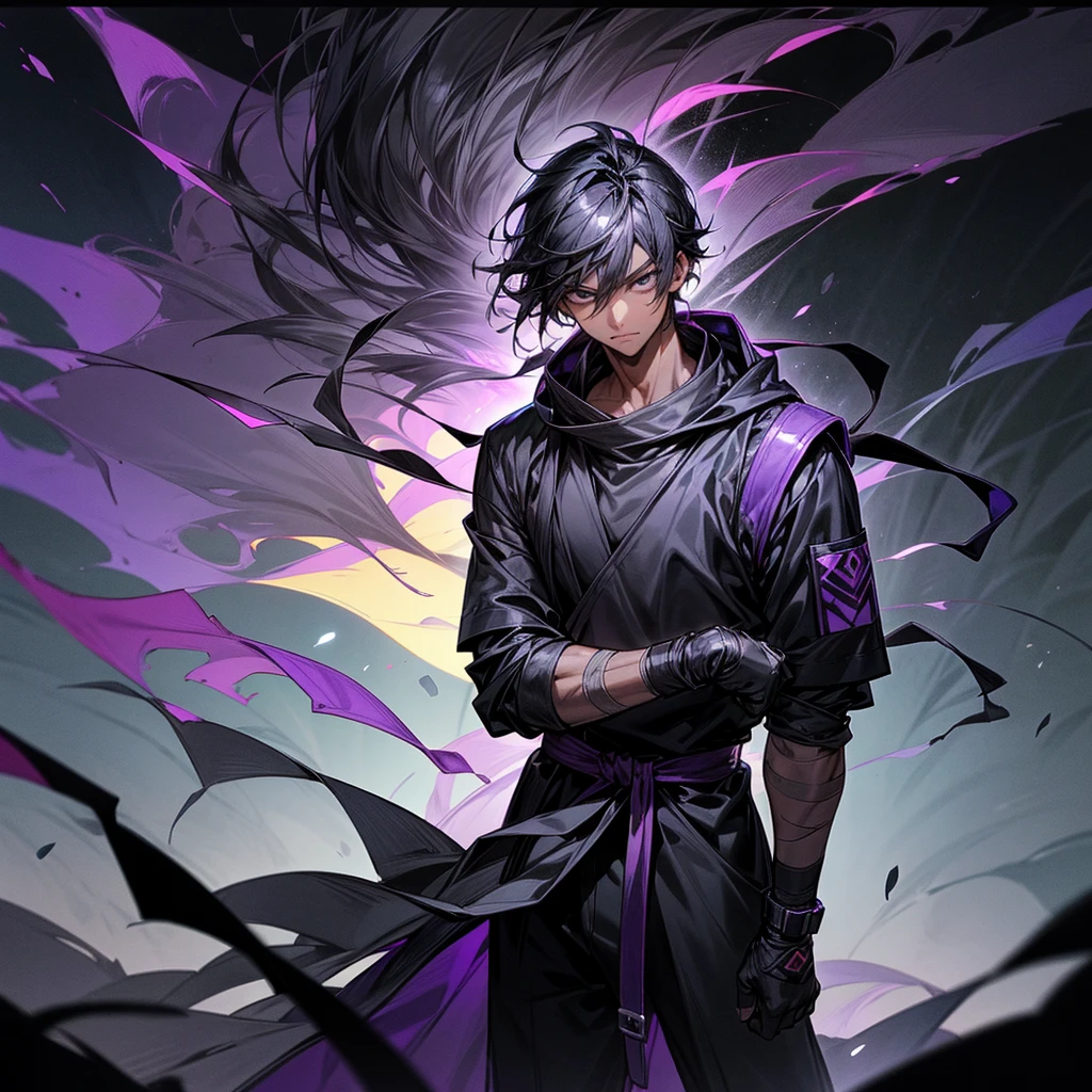 1male, adult male, finely detailed black eyes, black hair, medium length hair, darkskin, black bandages on arms, purple gloves, black and purple yukata, grey sweatshirt, serious experssion, night time, dark forest, standing on path, black armband