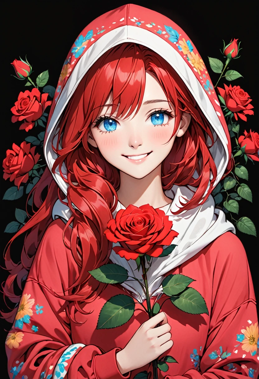 girl with pink hoodie holding a red rose with beautiful eyes and face, 1girl, solo, hood, flower, holding flower, red hair, rose, one eye closed, looking at viewer, black background, holding, long hair, hoodie, simple background, upper body, long sleeves, smile, Blue eyes, red flower