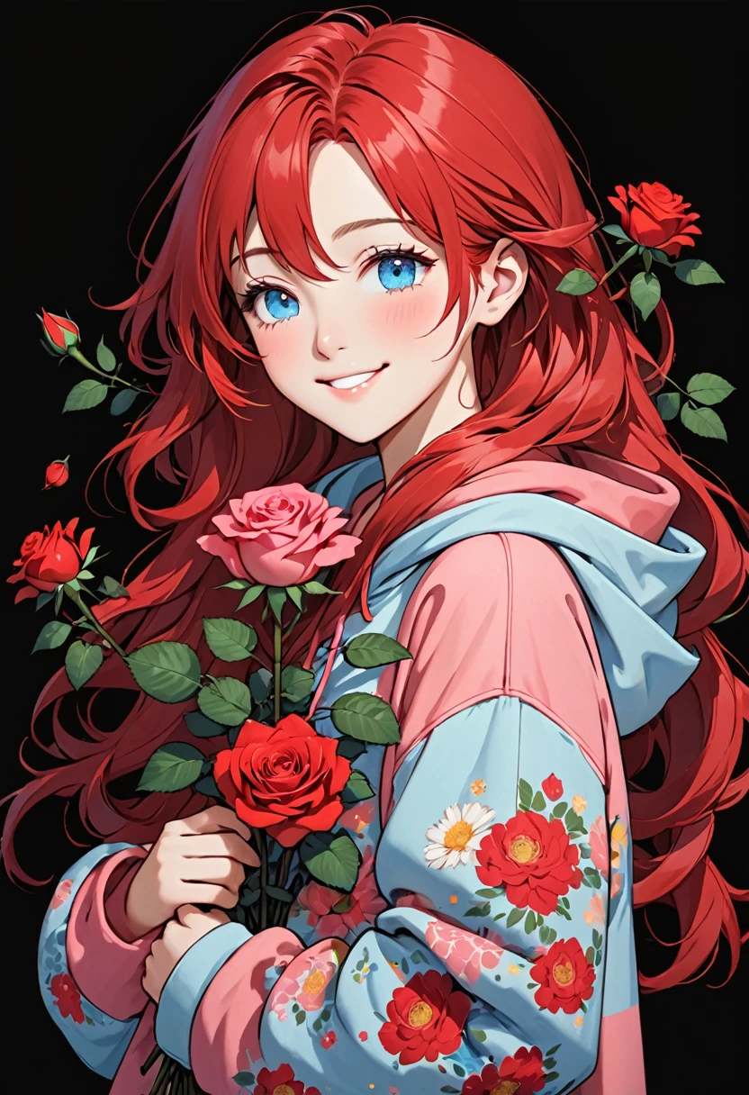 girl with pink hoodie holding a red rose with beautiful eyes and face, 1girl, solo, hood, flower, holding flower, red hair, rose, one eye closed, looking at viewer, black background, holding, long hair, hoodie, simple background, upper body, long sleeves, smile, Blue eyes, red flower
