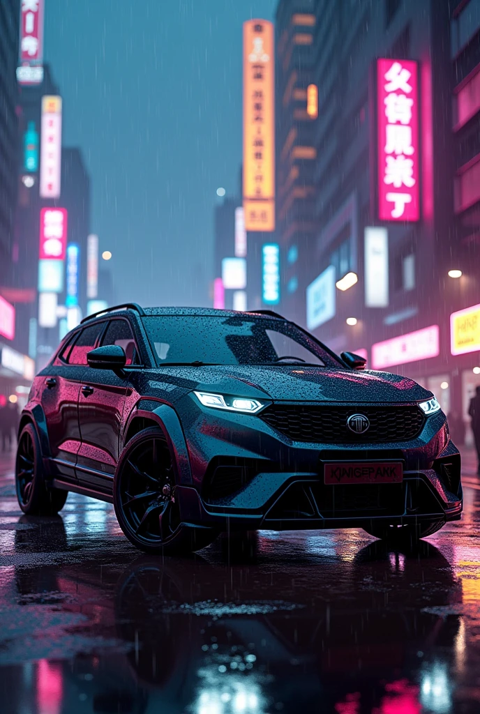 (photorealism:1.2), full glossy black tata harrier with body kit at night in rain in cyberpunk city