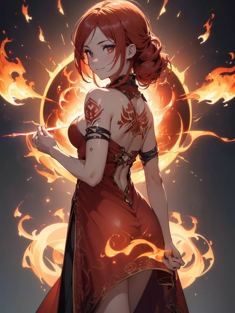 (((best quality, sharp image, clear image, cinematic lighting, 8k resolution, masterpiece, ultra detailed, intricate))) Girl, ((shot from behind)), ((close up)), look at viewer, fire mage, ((intricate background)), ((chaotic background)), red hair, smiling, ((flame runes, flame sigils)), (tatoo on back), slim figure, flying sigils, long dress, cute