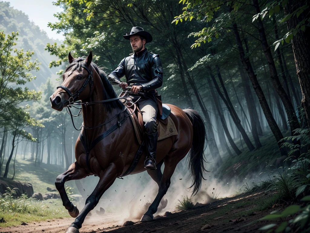 Illustration of a man on a black horse, a man with a saber in his hand, a man on a horse galloping through a dense forest