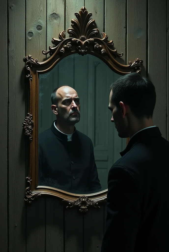 A man looking at himself in the mirror in a slightly spooky wooden house, and its reflection is a happy family