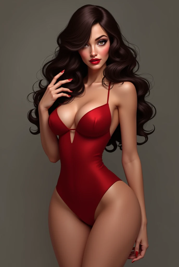 Brunette curly hair medium long nails big boobs wide legs full red lips brown eyes beautiful waist 
