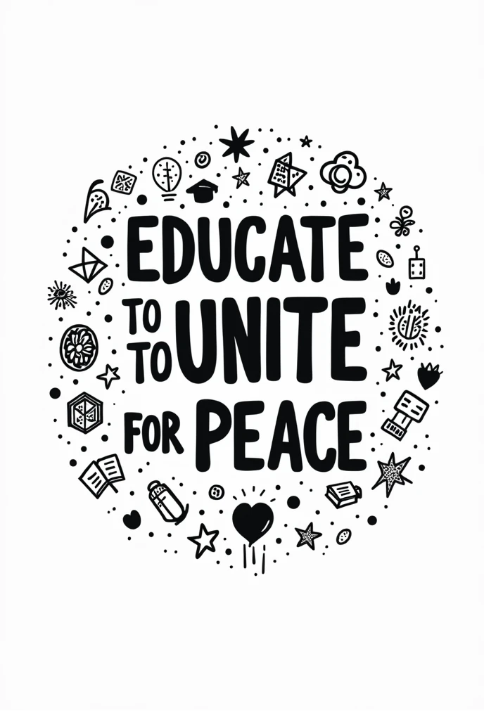 Educate to Unite, Learn for Peace slogan doodle drawing black and white only text with designs put a random related drawings super bigger
 
