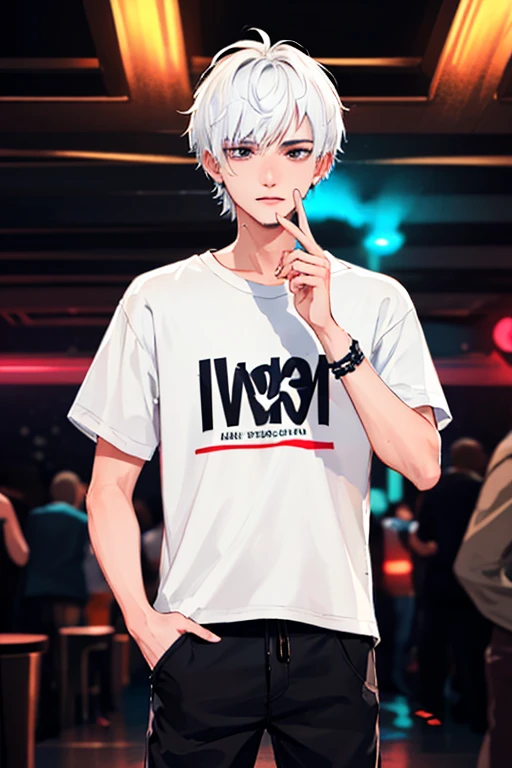 ((masterpiece)), (((best quality))), chromatic lighting,
colorized, white + black limited color palette, 
detailed concept drawing,
in a club, street fashion, no weird object on his face,
portrait, 20yo 1guy, slender, short white hair, black eyes, dancing