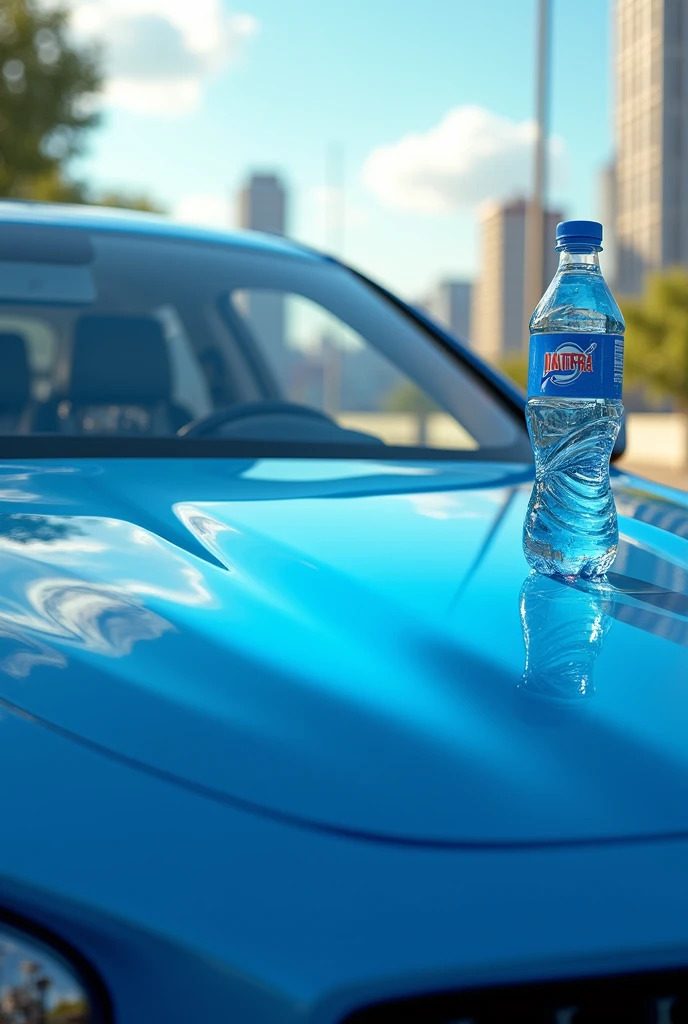 A bule car with water bottle
