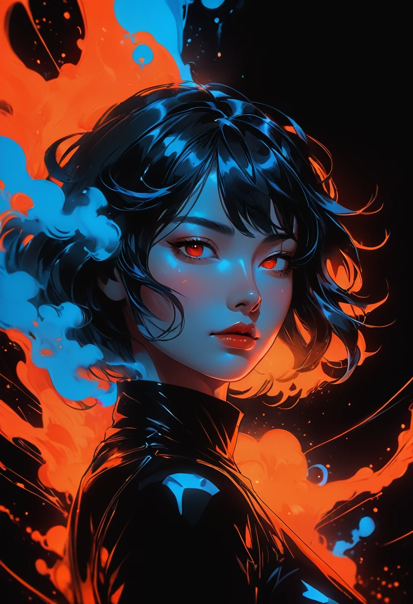 Vaporwave, 2d anime art illustratuon, moxin, ink splatters and bold brush lines, dark silhouette of a woman in a pitch black void, orange rim lighting gradually changing into red room lighting, eyes glowing with cold blue light, rising smoke, fever dream, chrome skin, volumetric lighting, subsurface scattering, godrays, frosted particles