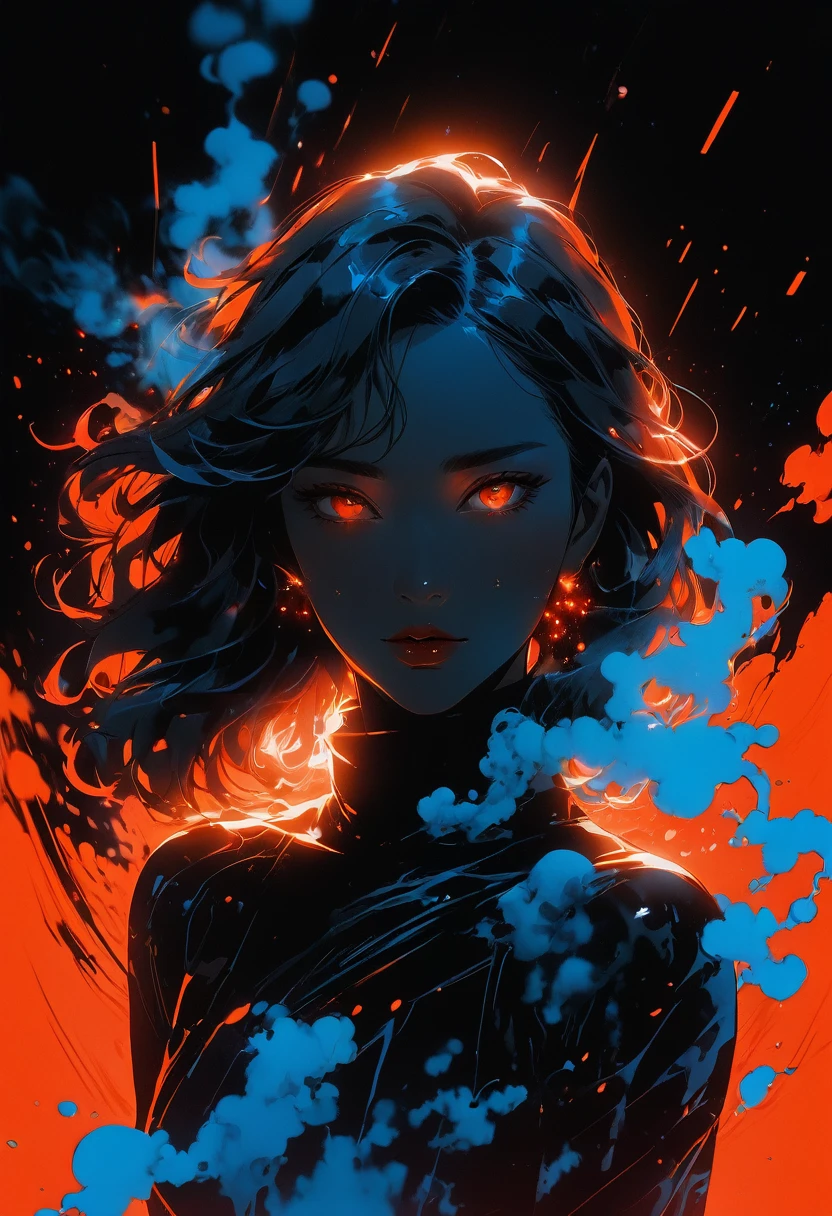Vaporwave, 2d anime art illustratuon, moxin, ink splatters and bold brush lines, dark silhouette of a woman in a pitch black void, orange rim lighting gradually changing into red room lighting, eyes glowing with cold blue light, rising smoke, fever dream, chrome skin, volumetric lighting, subsurface scattering, godrays, frosted particles