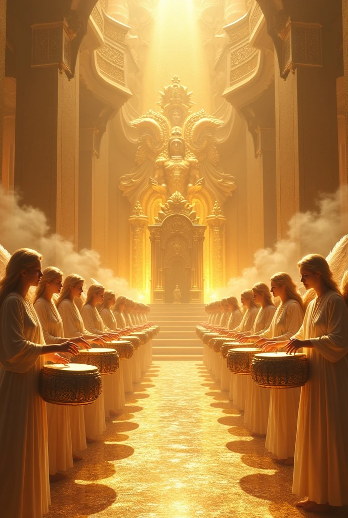 Heaven with streets of gold and a throne in the middle with several angels playing drums