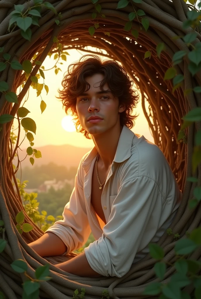 a brown haired guy in a white nest shirt at sunset