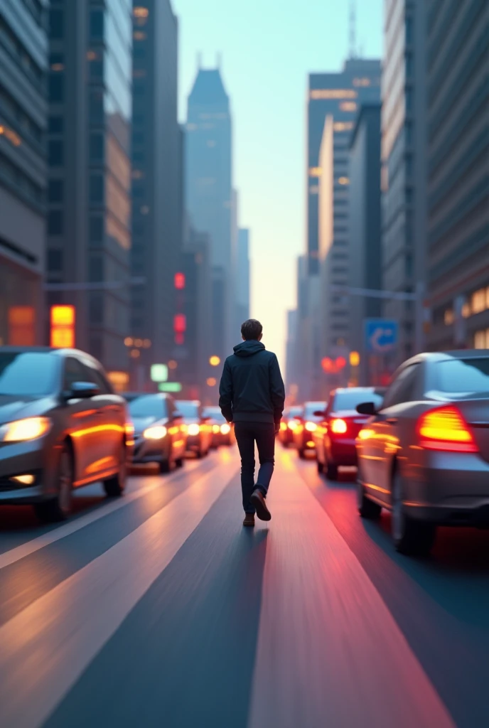 Create an image of a person walking on the street with cars waiting. The image has to represent the risk of traffic. Animated image
